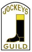 jockeys guild logo with black and gold boot with gold font and black border
