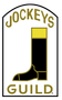 jockeys guild logo with black and gold boot with gold font and black border
