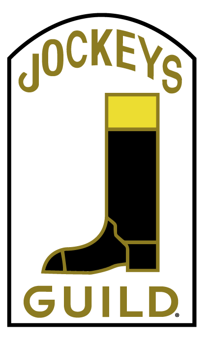 Logo for the Jockeys' Guild featuring a black and yellow riding boot inside a white, arched frame with the text.