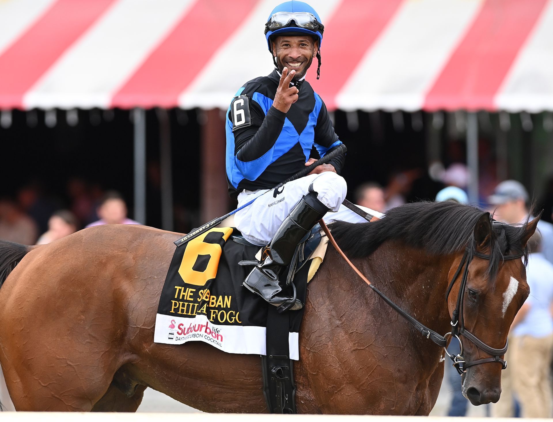 Dos caballos de carreras y sus jinetes corren uno al lado del otro en la lÃnea de meta de un hipódromo.