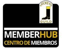 Jockeys Guild MemberHub logo on black background with gold and white text and emblem