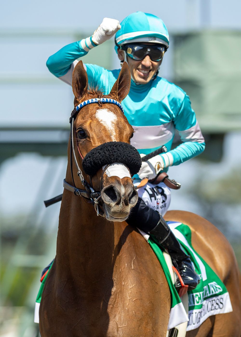 Jockey in turquoise silks riding a brown horse during a race, raising a fist in celebration.