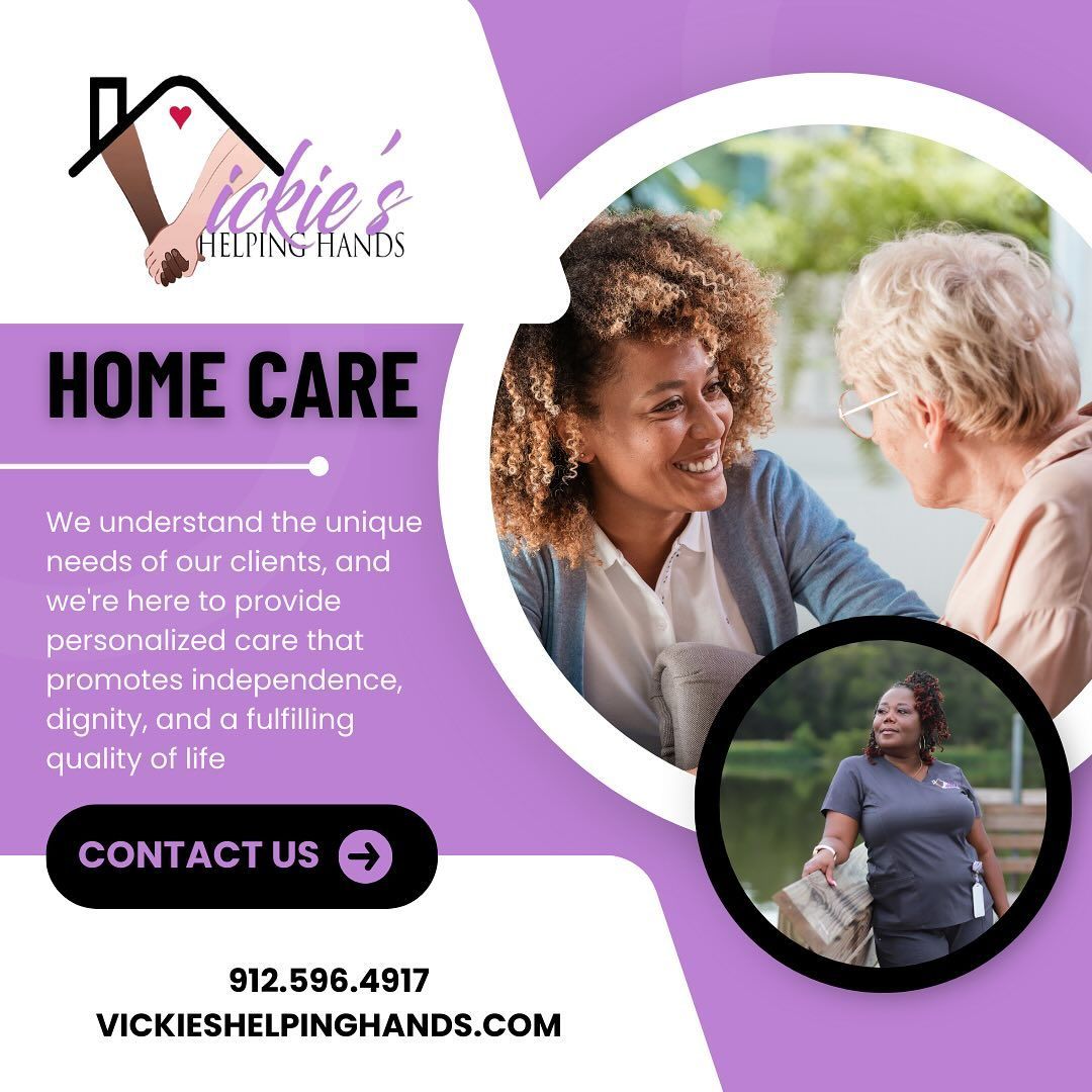 Advertisement for Vickie's Helping Hands home care, with text and photos of caregivers and clients. Purple and black design.