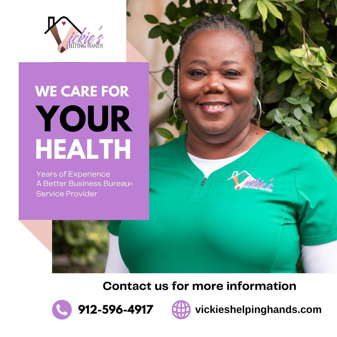 Woman in green scrubs with text 