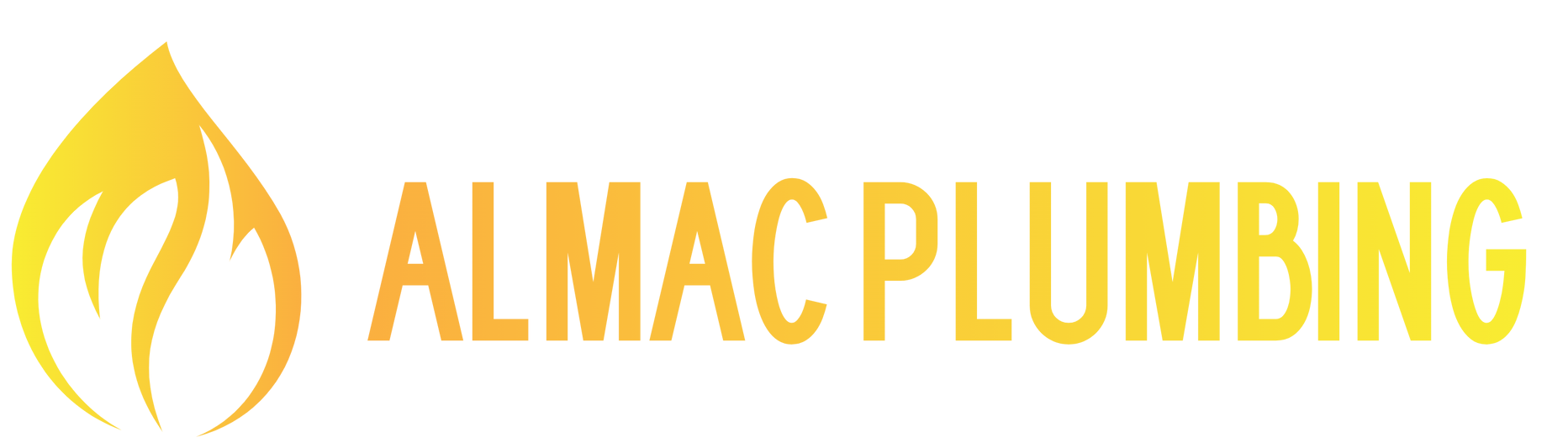 Almac Plumbing logo with a flame icon and company name in yellow.