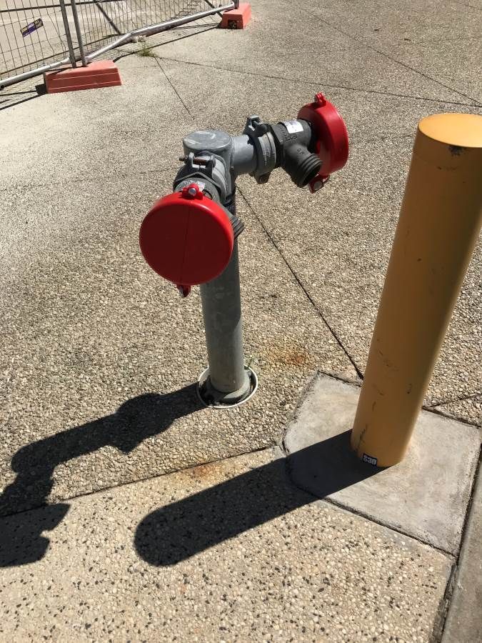 Fire hydrant with red caps on a concrete sidewalk, next to a yellow bollard.