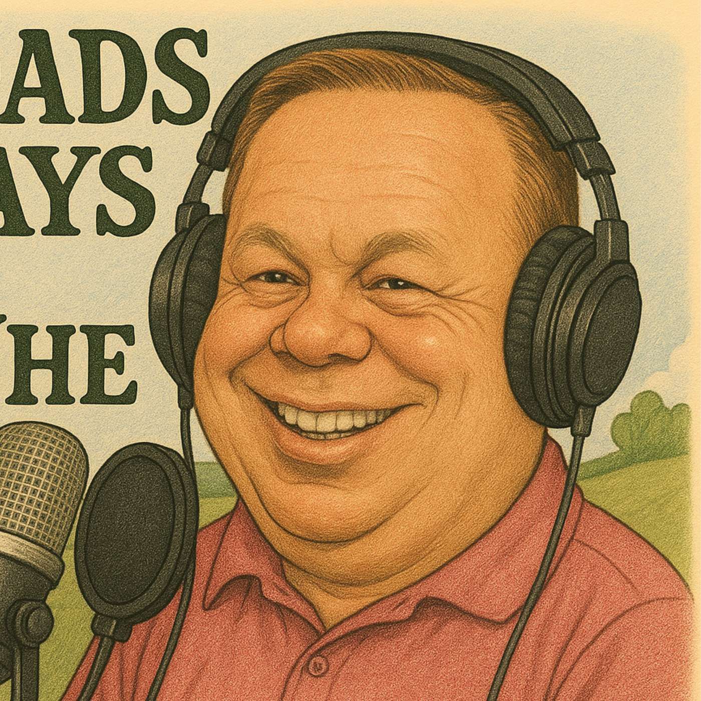 Smiling man wearing headphones and using a microphone. In front of a sign that is partially visible.