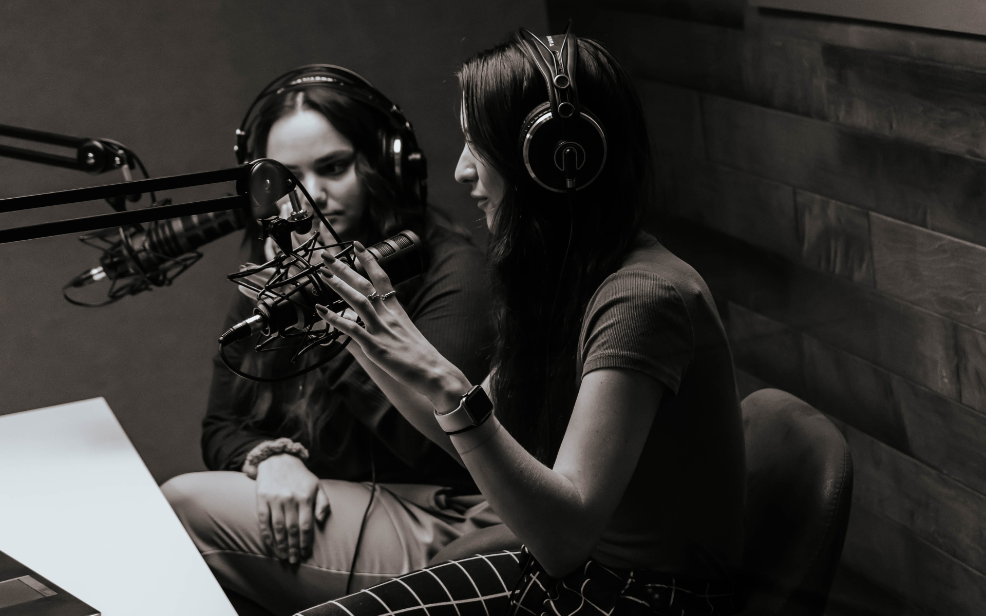 Two people in headphones at microphones in a recording studio.