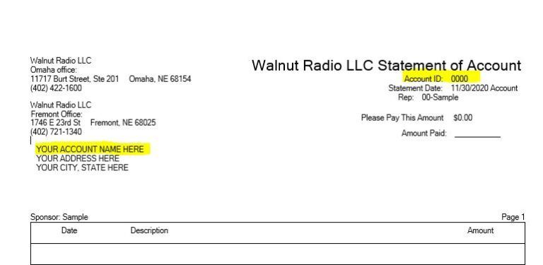 Statement of account from Walnut Radio LLC, with an account ID of 0000.  Account name is highlighted