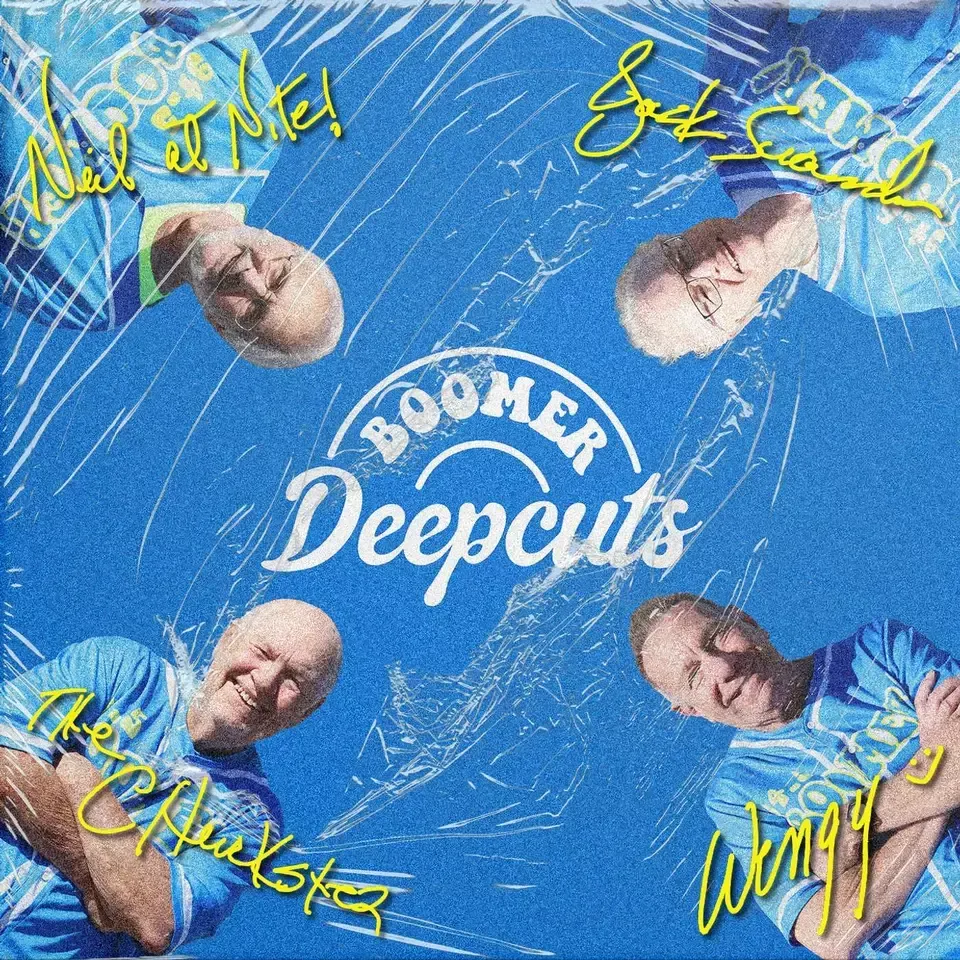 Album cover with four men in blue shirts, surrounded by 