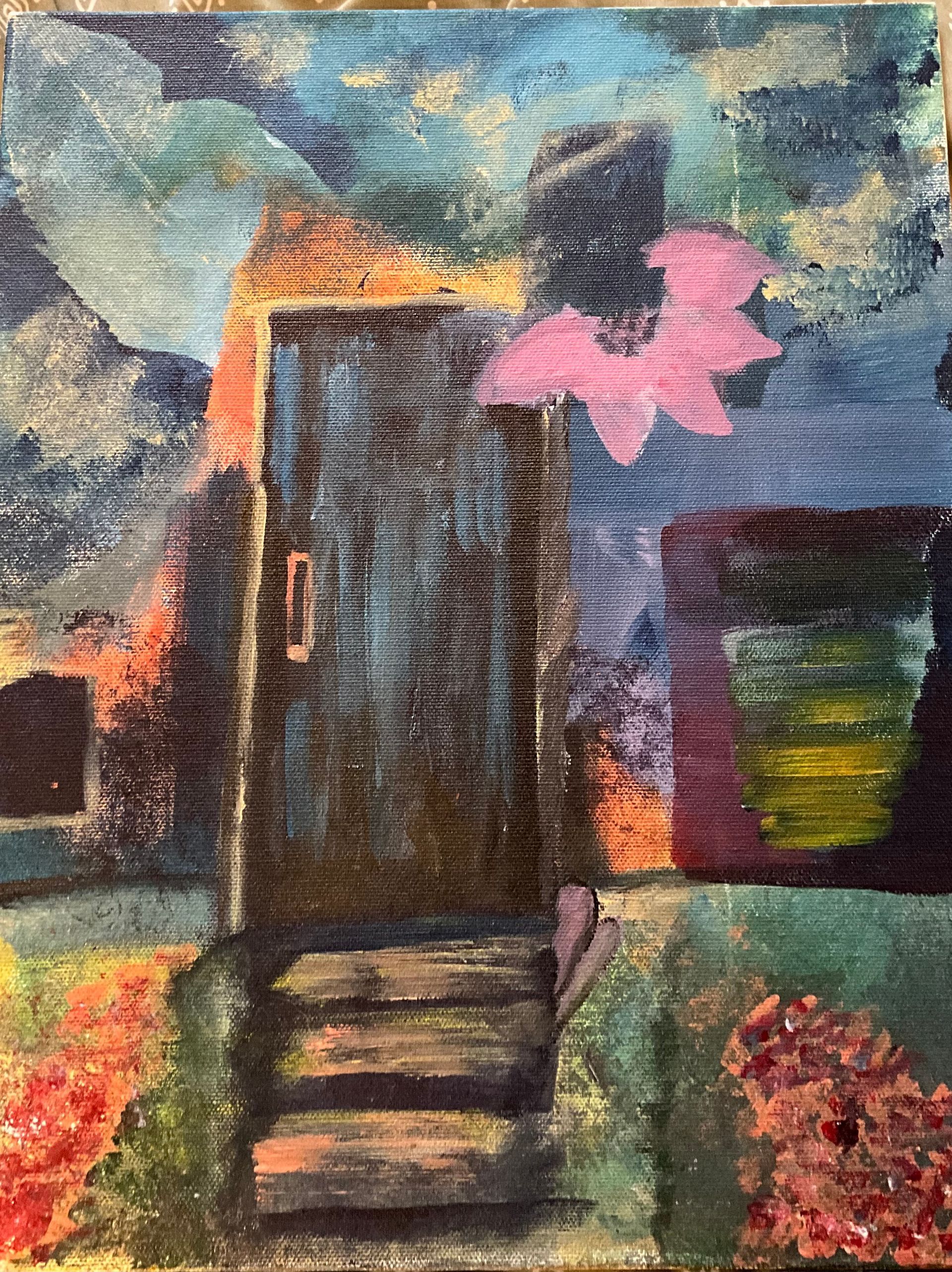 A painting of a door with stairs leading up to it.