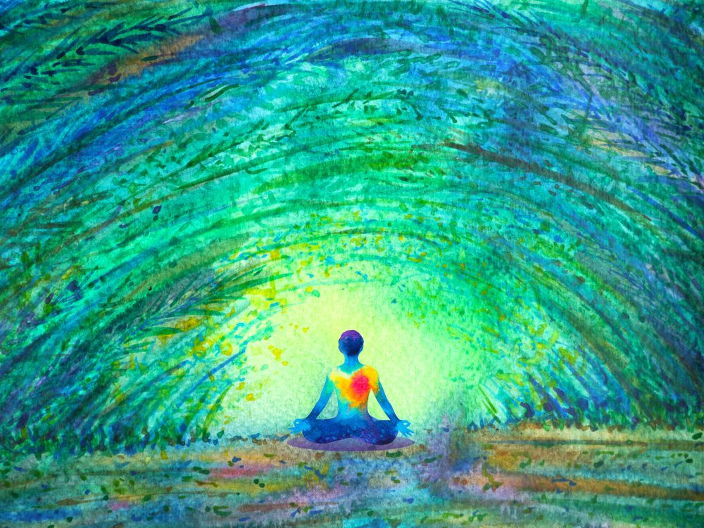 A painting of a person sitting in a lotus position in a forest.