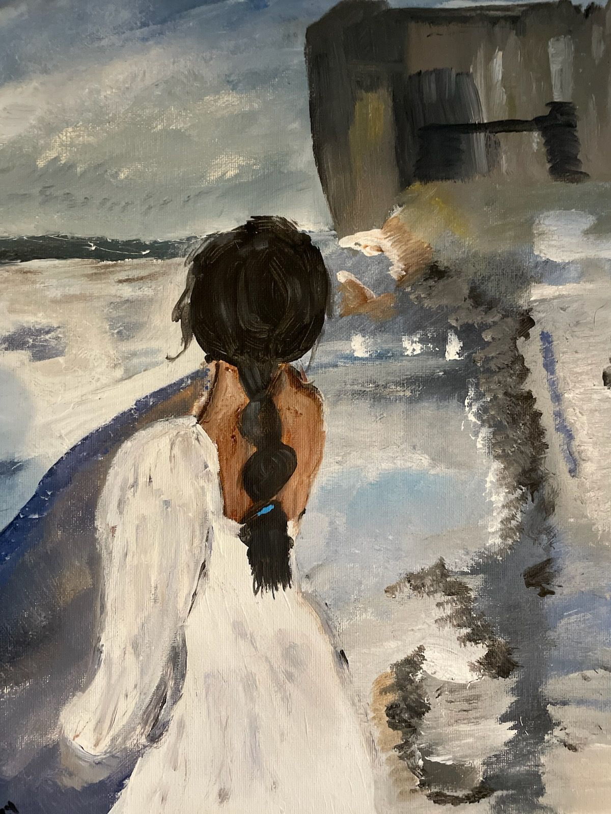 A painting of a woman in a white dress walking in the snow.