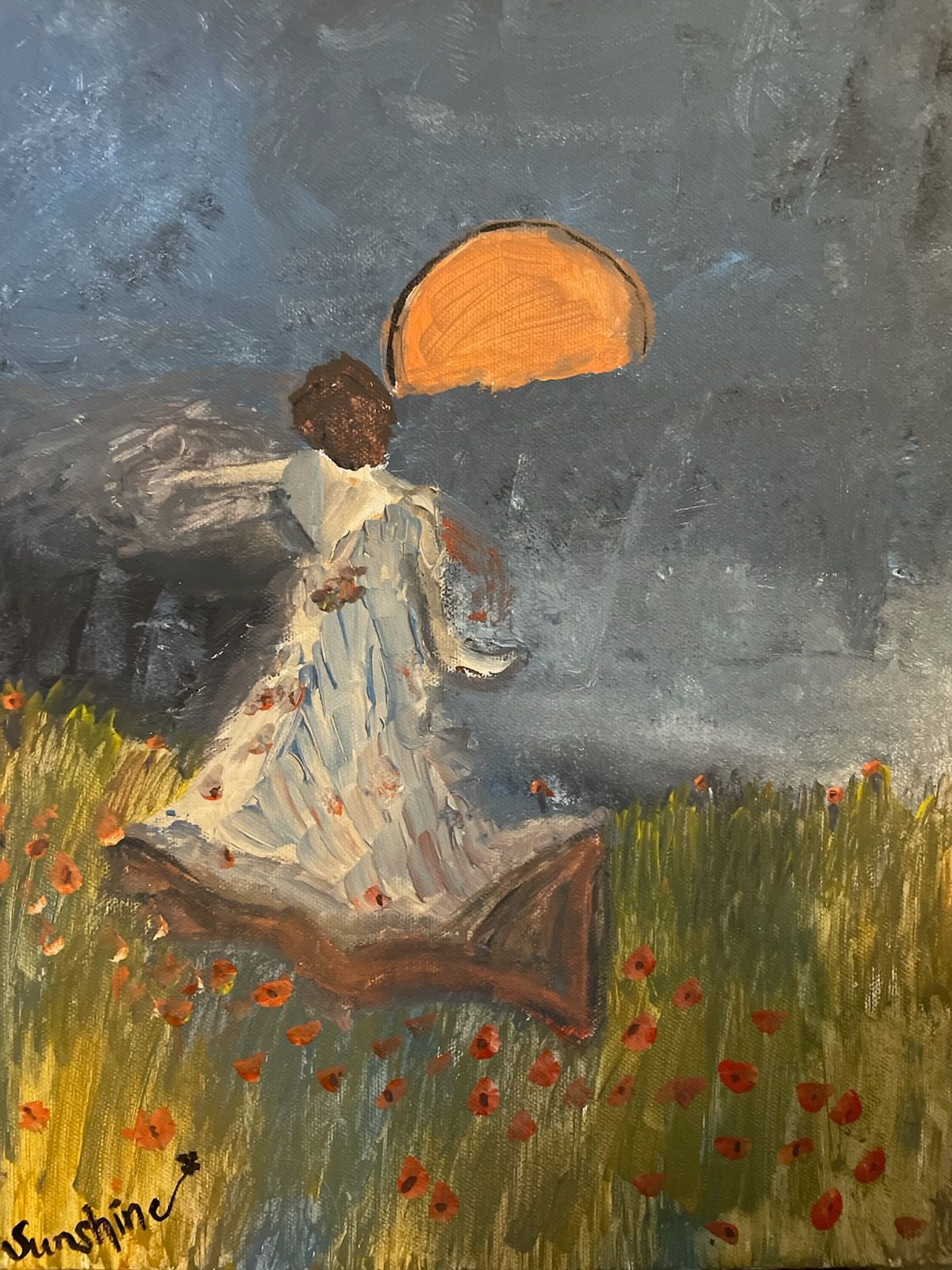 A painting of a woman holding an umbrella in a field of flowers.