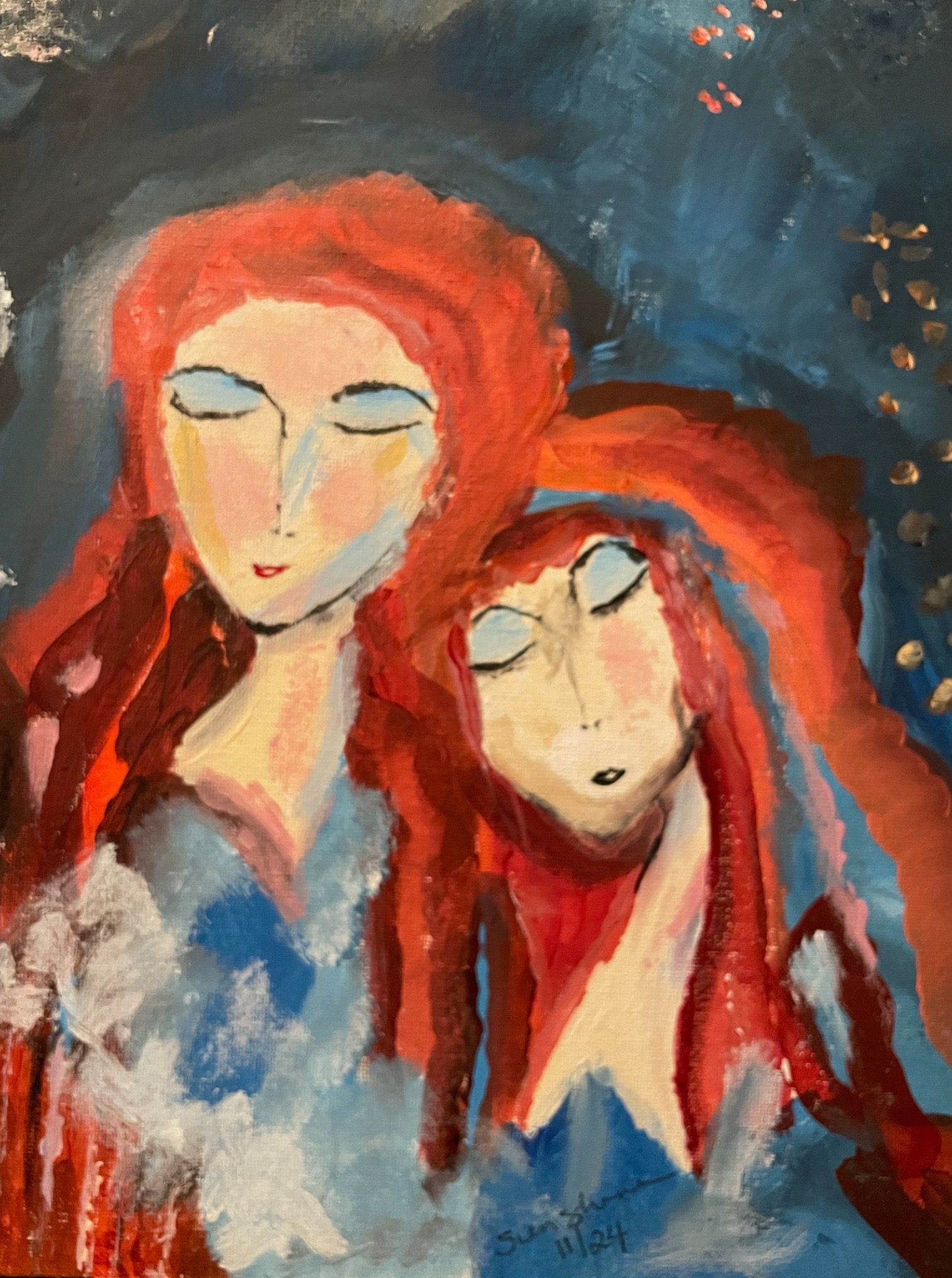 A painting of two women with red hair standing next to each other with their eyes closed.