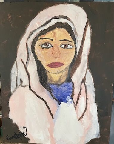 A double exposure portrait of a woman with a galaxy in her head.