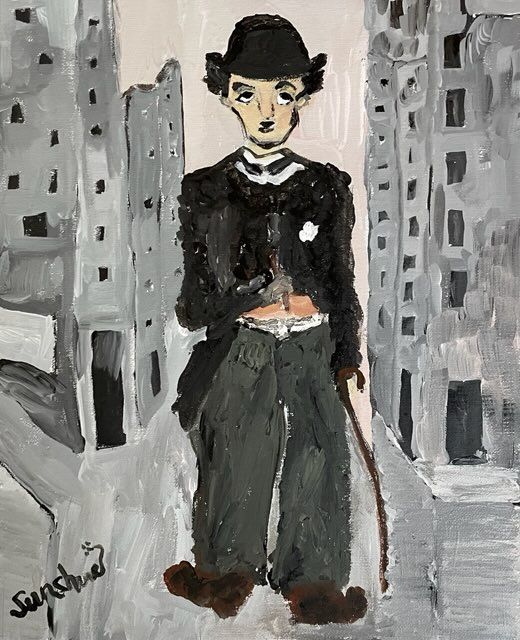 A painting of charlie chaplin with a cane