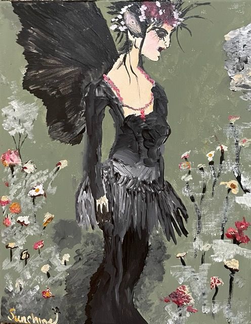 A painting of a fairy in a black dress