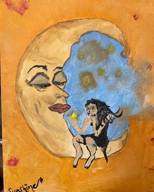A painting of a crescent moon with a woman sitting on it