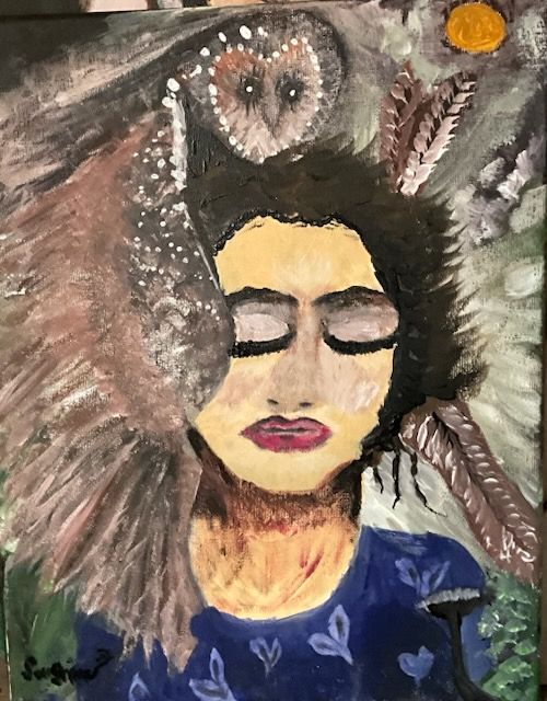 A painting of a woman with an owl on her head