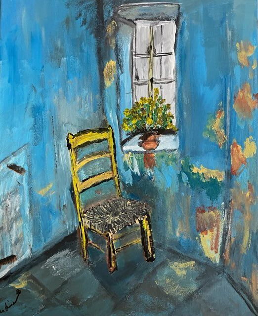A painting of a chair in front of a window