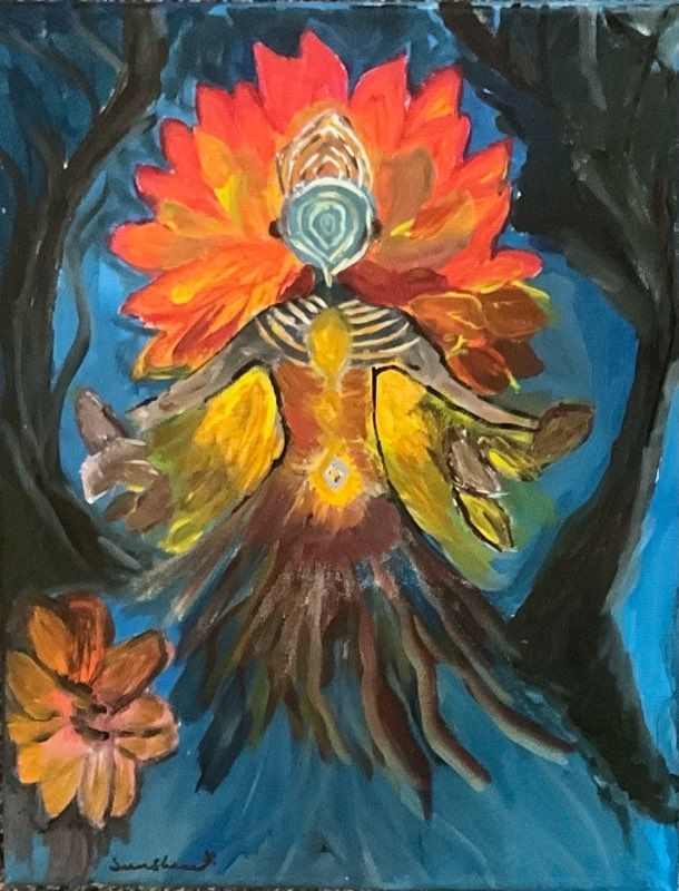 A painting of a bird with a flower on its head