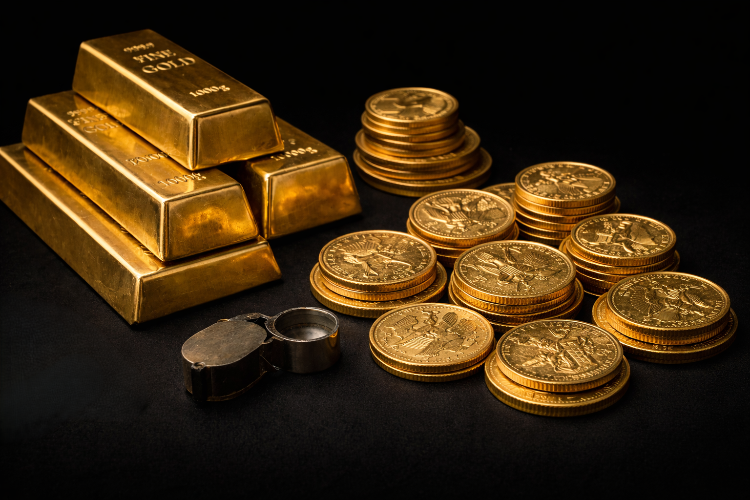 Several gold bars and stacks of gold coins rest on a black surface next to a small metal jeweler's loupe.