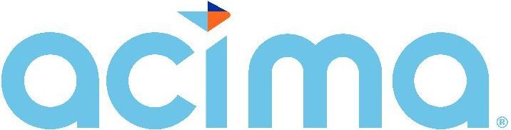A blue and orange logo for a company called acima