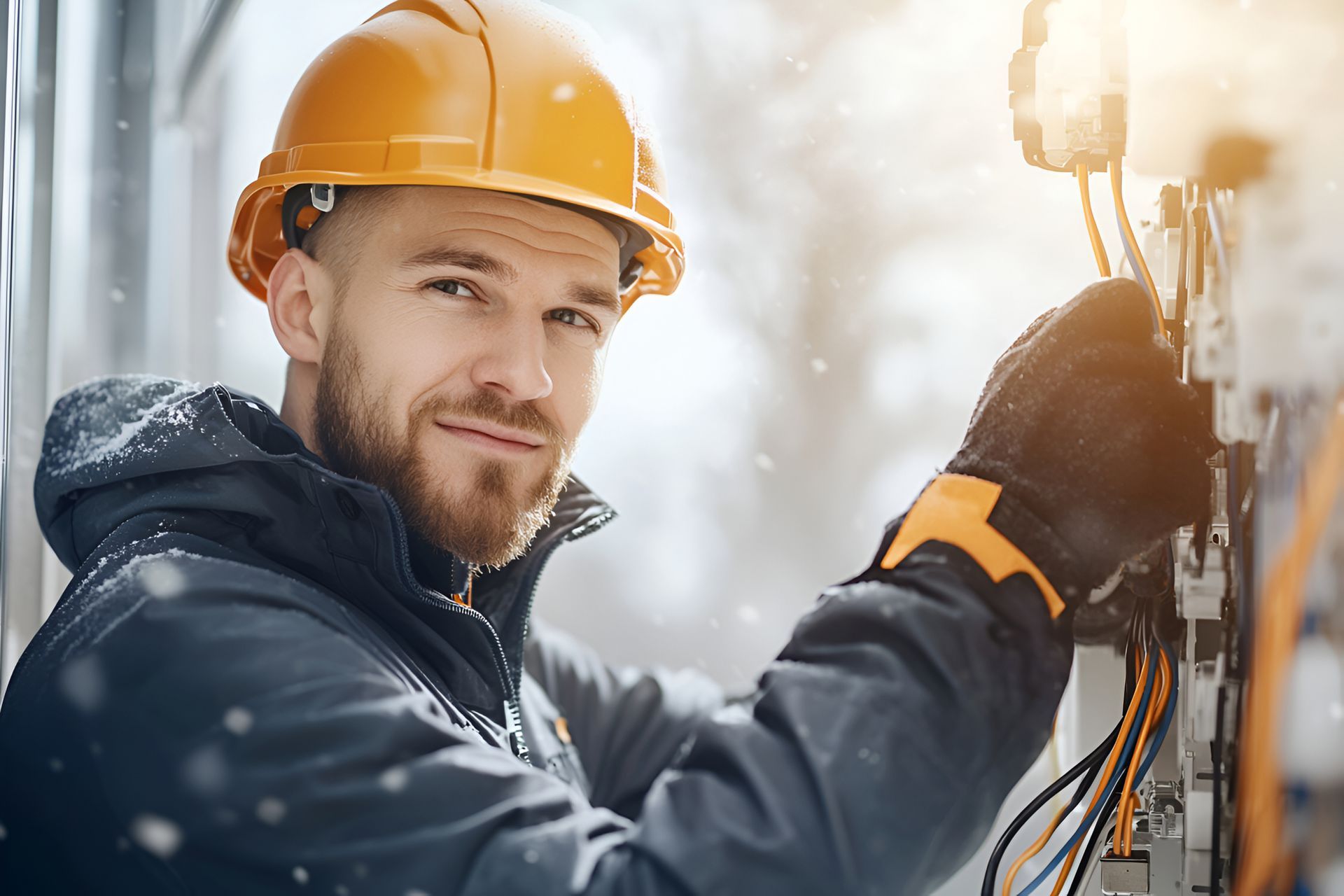Electrician services specialist in a yellow hard hat wiring an outdoor panel in winter. Electrician services specialist in a yellow hard hat wiring an outdoor panel in winter.