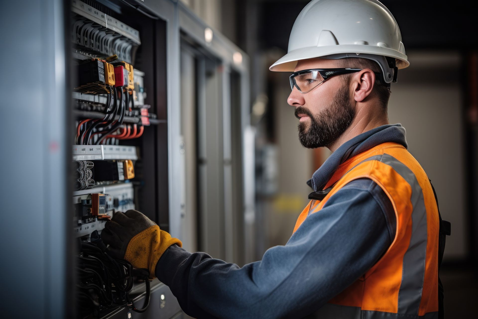 A commercial electrician in safety gear repairing an electrical panel with precision.