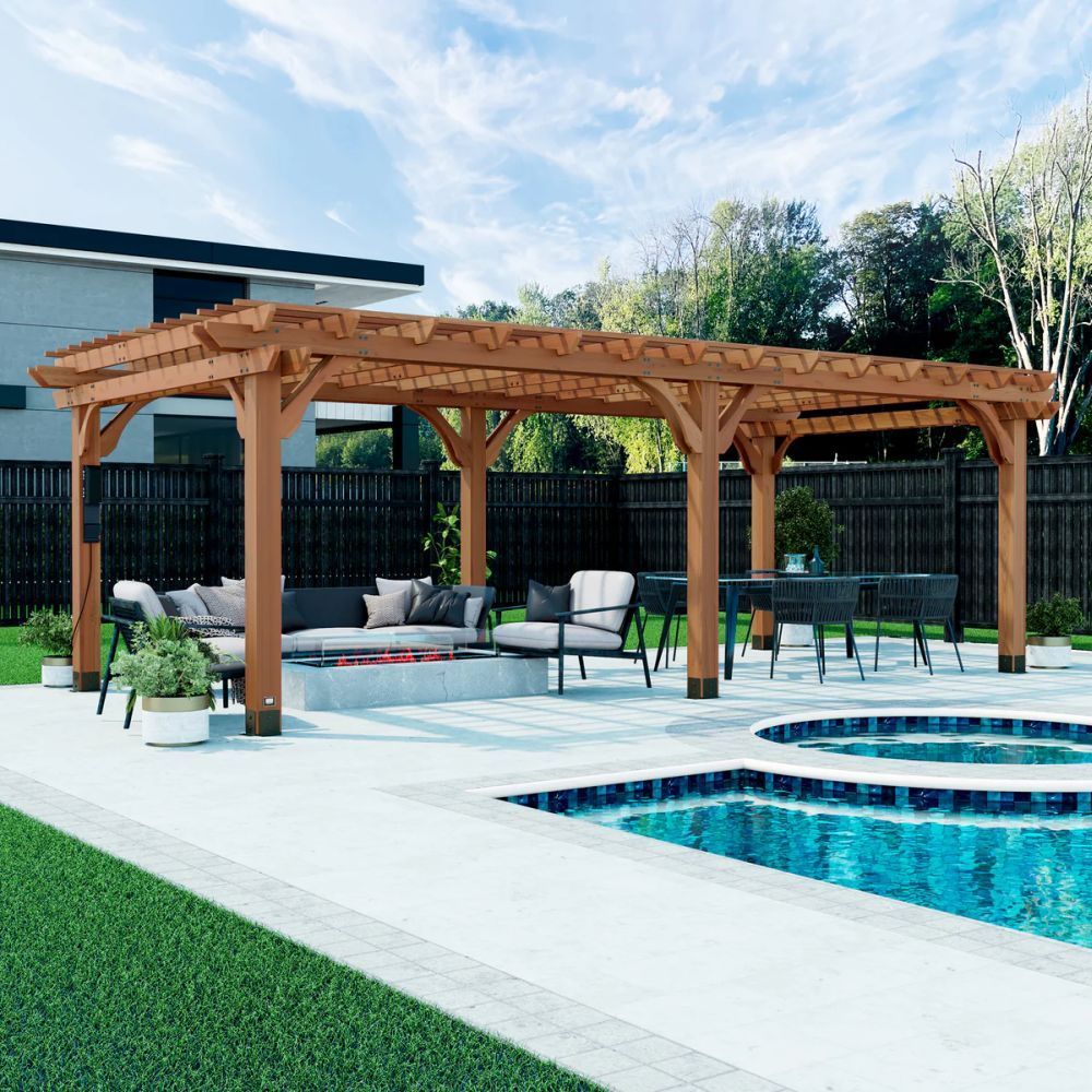 Wooden pergola beside a pool with outdoor seating and lounge chairs on a sunny patio.