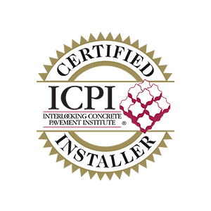 Certified ICPI Installer logo with tan and black text and a red paver icon Certified ICPI Installer logo with tan and black text and a red paver icon