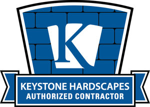 Keystone Hardscapes authorized contractor logo with white K on blue brick shield Keystone Hardscapes authorized contractor logo with white K on blue brick shield