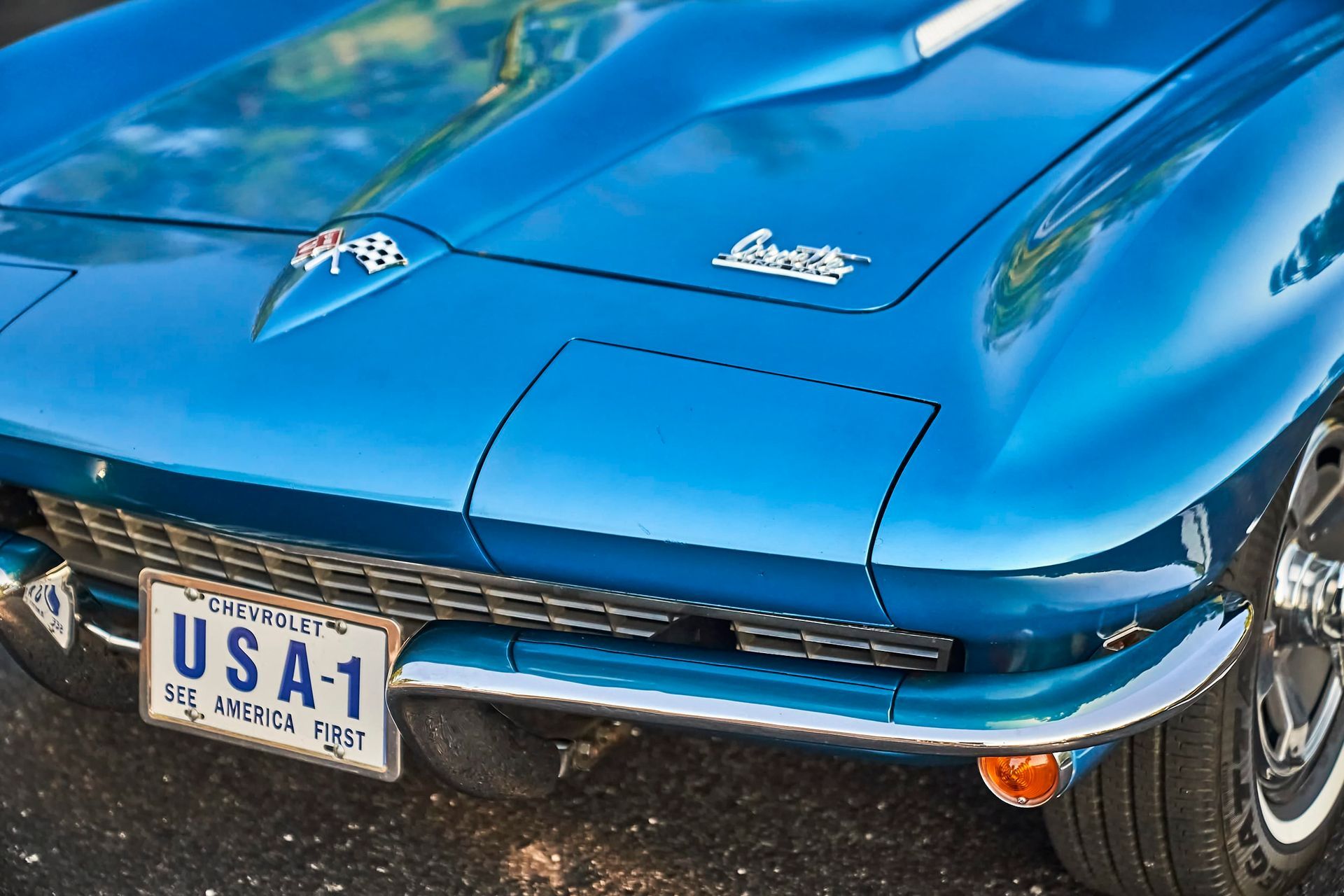 Close-up of a classic blue Corvette with