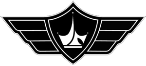 A black and white logo with wings and a crown on it.