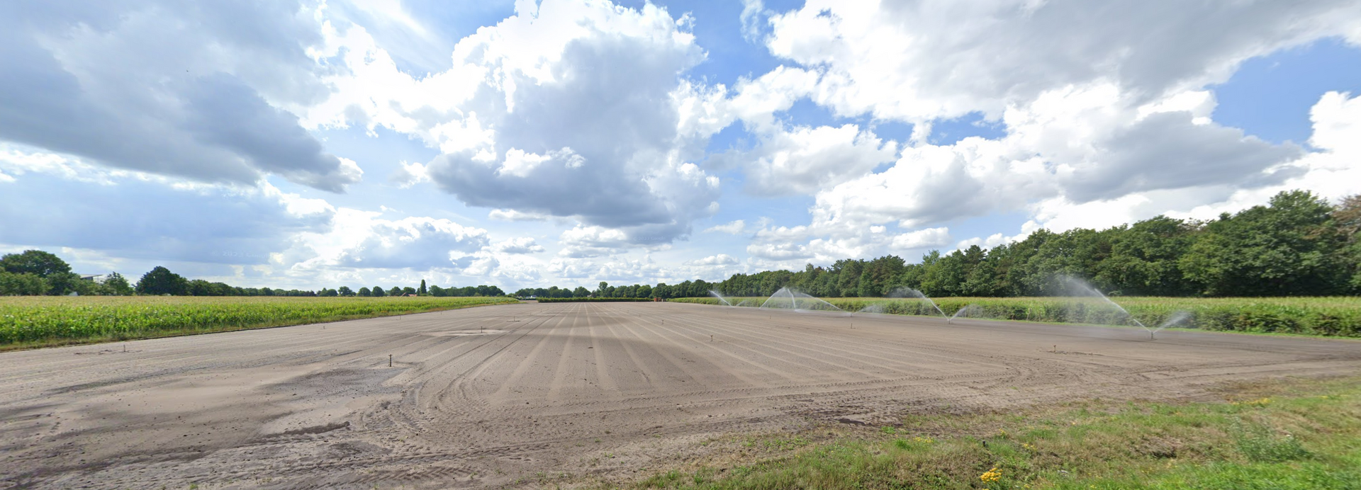 Een onverharde weg door een veld met bomen op de achtergrond.