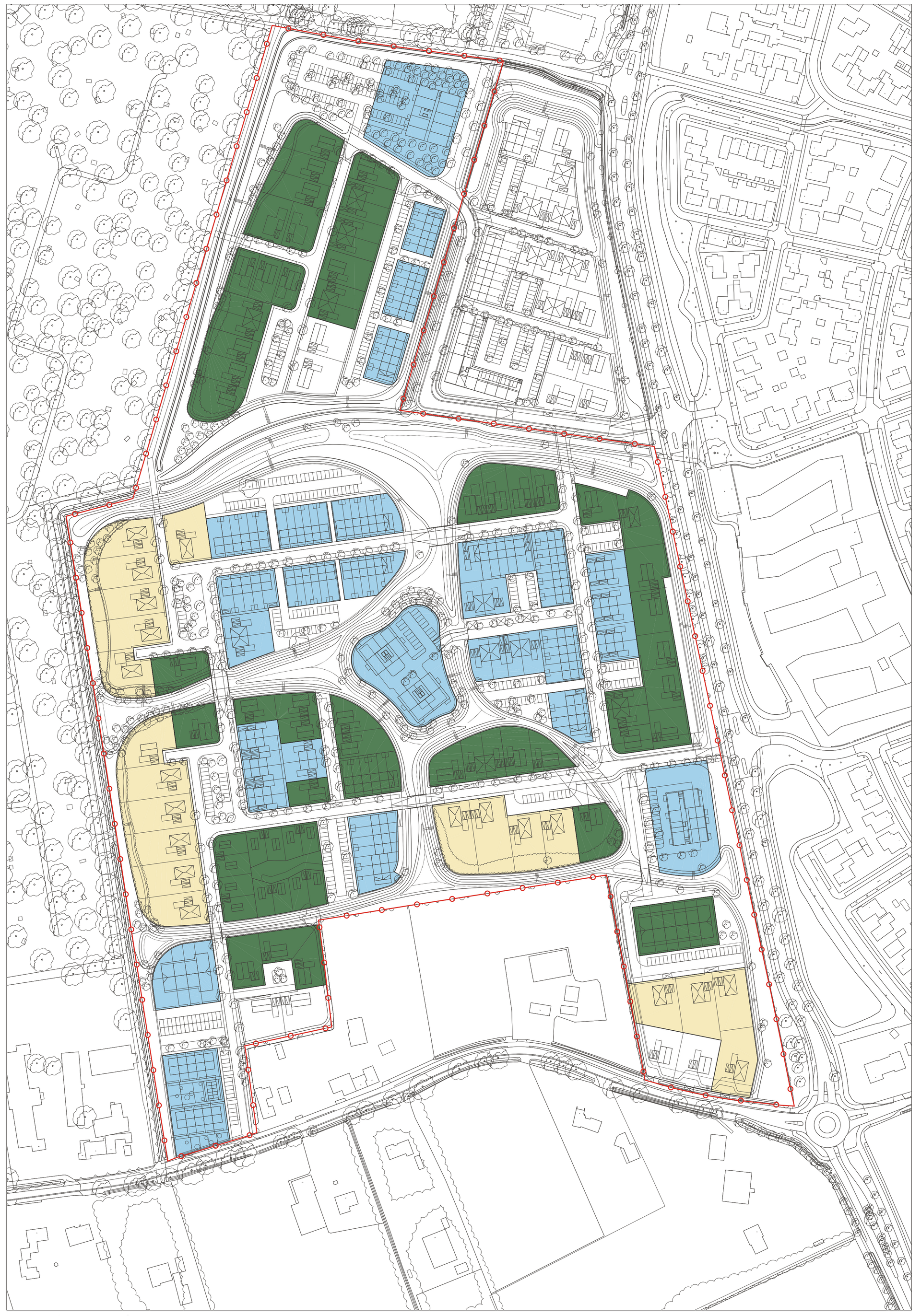 Een kaart van een stad met veel gebouwen en bomen