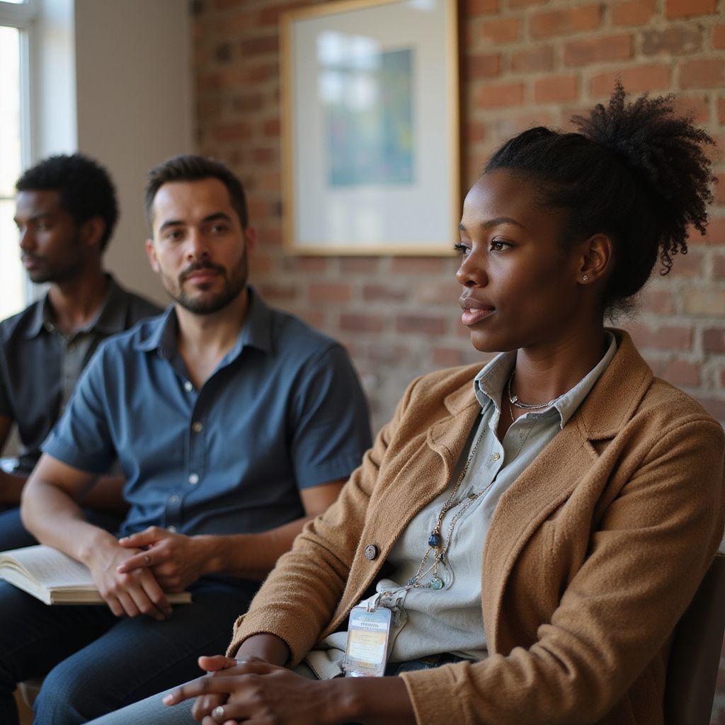 Three people in a room; woman in a tan blazer speaks, two men listen attentively.
