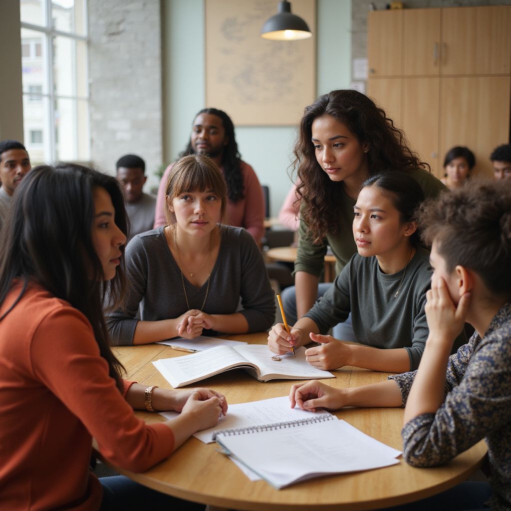 Group of people in a meeting. Women and men at a table, some taking notes, discussing. Light, airy room.