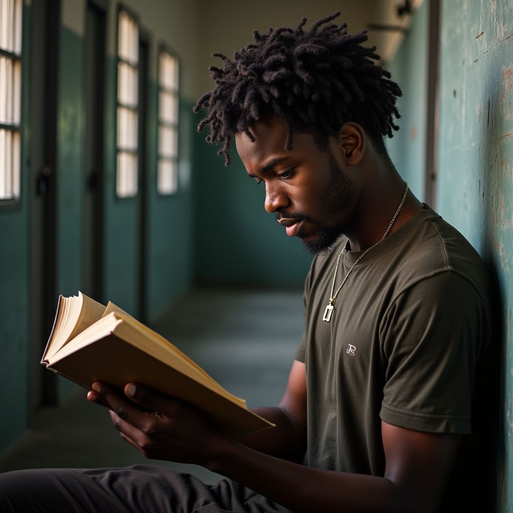 Man with dreadlocks reads a book, seated in a hallway with green walls.