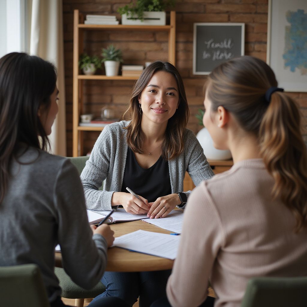 Three women at a table with papers, one smiling. Wooden bookshelf and framed art in the background.