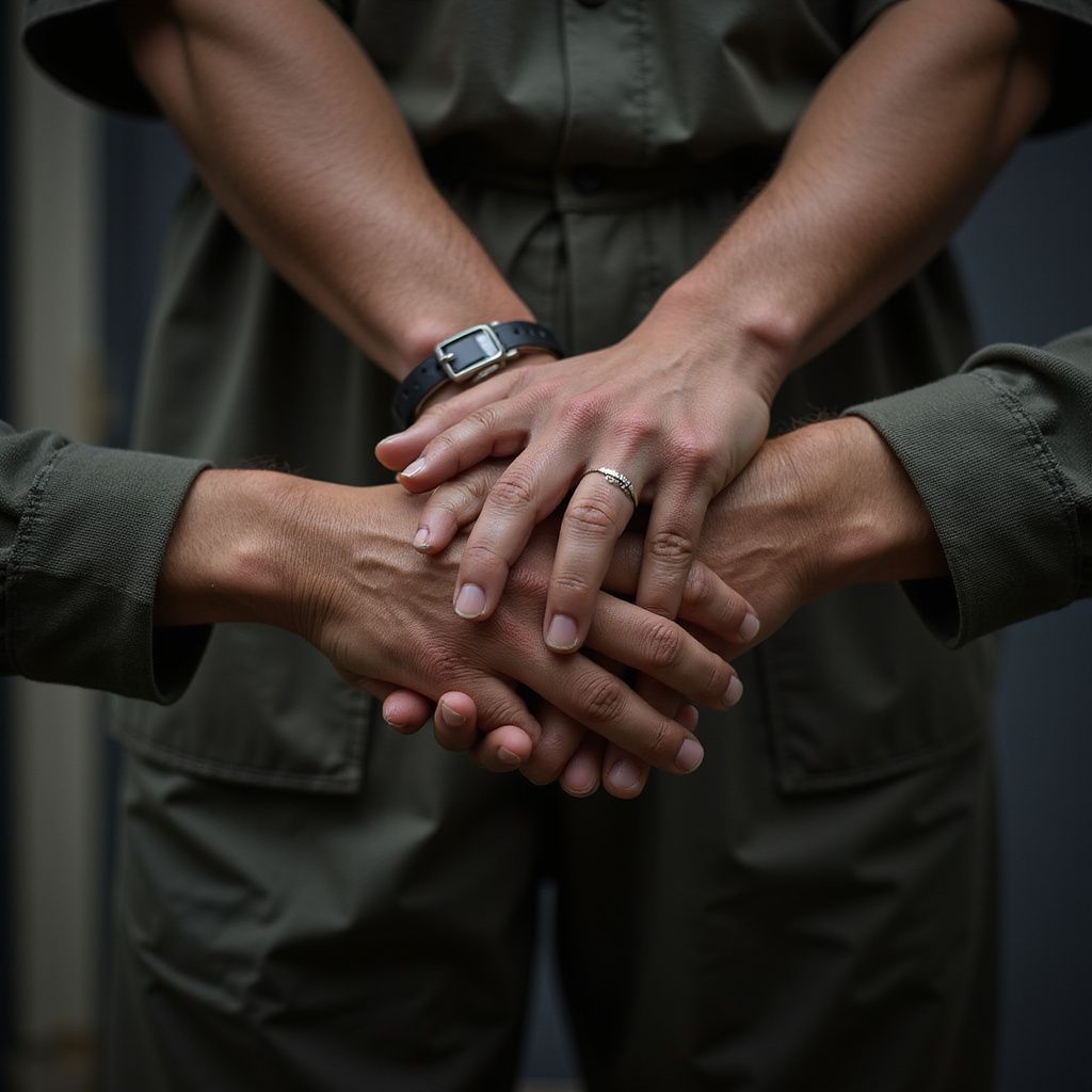 Hands clasped together, wearing green jumpsuit. One hand has a watch, another a ring.