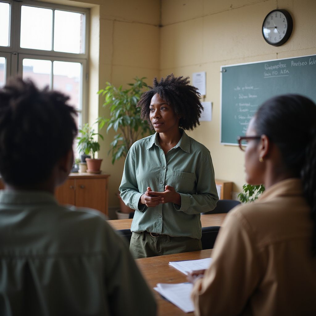 Teacher speaking in a classroom; students seated at desks, chalkboard in background.