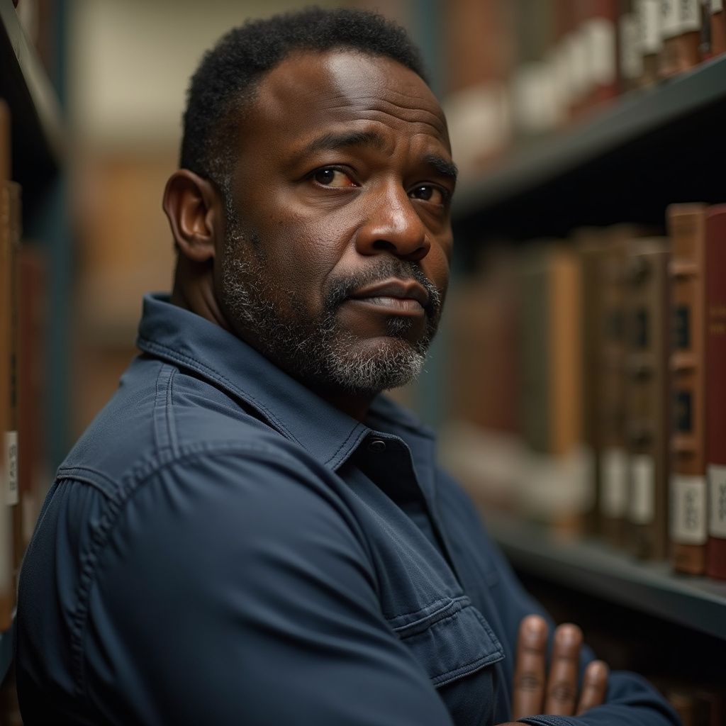 Man with crossed arms in a library, looking serious. Wearing a blue shirt, books on shelves.