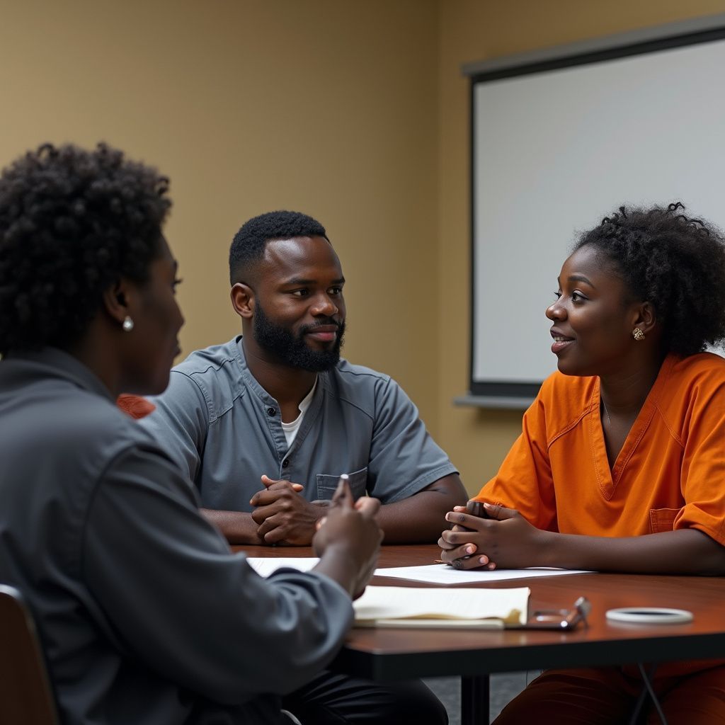 Three people seated at a table, two in uniform, one talking; interior setting.