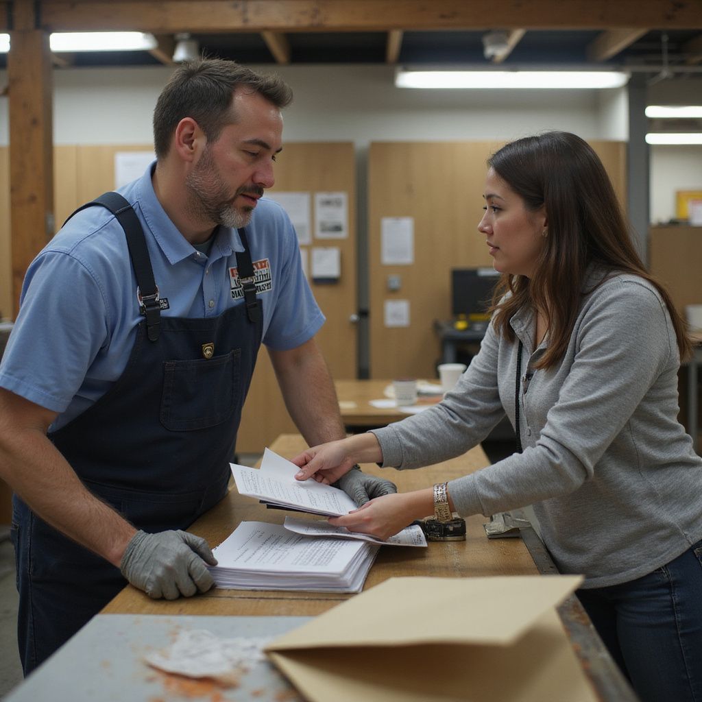 Man in overalls and woman examine papers at a table. Workshop setting with other papers and brown envelopes.