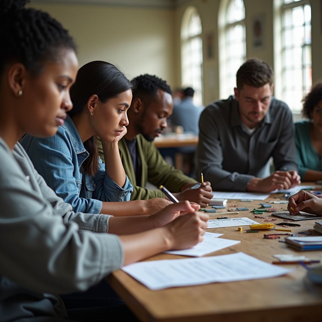 Group of people collaborating around a table, writing on paper in a bright room.