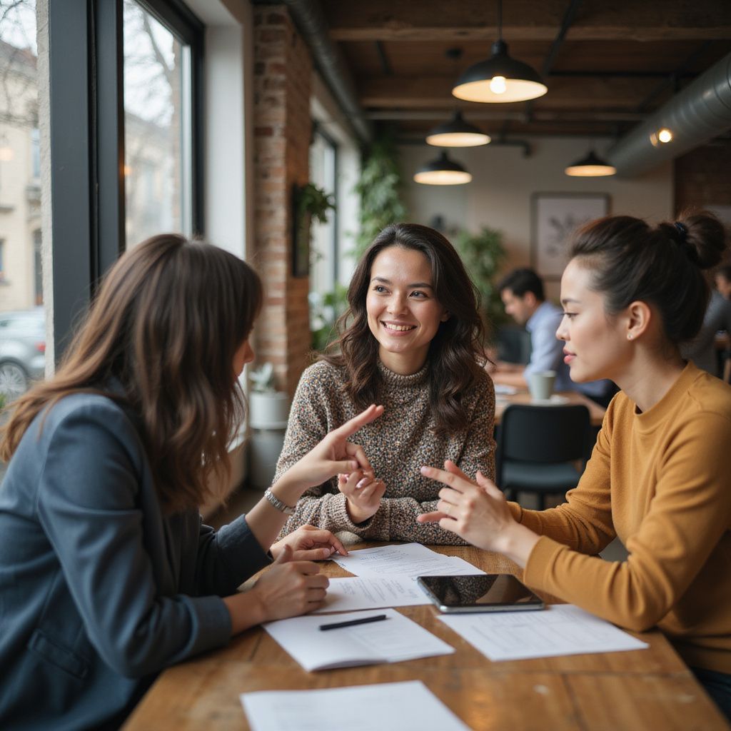 Three women at a table in a cafe, talking and smiling, with papers and a tablet.