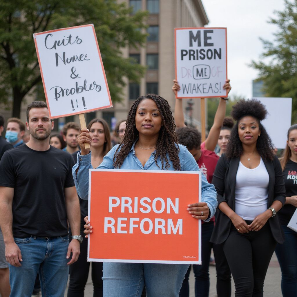 People protest with signs for prison reform.