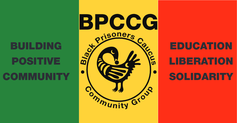 Flag of Black Prisoners Caucus Community Group with Pan-African colors and logo featuring bird.